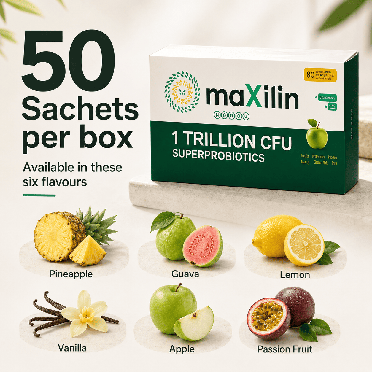 Maxilin Super Probiotic box with 50 sachets across six flavours